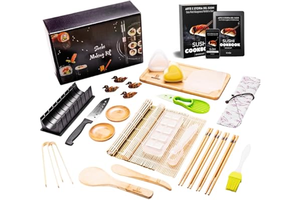 Brodevet Kit Sushi 2025 – 29 Pièces avec Guide Pratique, Livre de Recettes, Moule Onigiri, Tapis Bambou, Sushi Go, Baguette Chinoise et Accessoires pour Sauce Soja