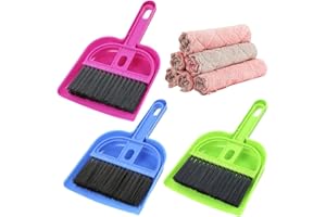 Qixuer 3 Pezzi Mini Plastica Paletta Spazzola,Mini Paletta Spazzola Set Tavolo Tastiera Scopa Paletta con 6 Pezzi Strofinacci in Velluto Corallo per La Pulizia per Ufficio Tavolo Bancone Cassetto