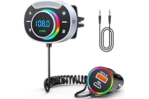 Rolgno Transmisor FM Bluetooth Coche 5.3, Adaptador Bluetooth Coche [QC3.0 y PD30W], Instalación de Ventilación, Manos Libres y Amplificador de Graves, Luces Respiratorias Coloridas, Compatible AUX