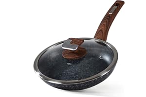 HOUSZY 28 cm Non-stick Skillet with Tempered Glass Lid, This Food-Safe frying Pan features a Bakelite handle & it is induction compatible (Handwash Only)