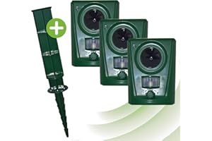 ISOTRONIC Ahuyentador ultrasónico de Gatos, Perros, martas, pájaros y mapaches | Repelente acústico de Animales | Espanta con ultrasonidos | Incluye estaca para Tierra | Apto para Exterior | Set de 3