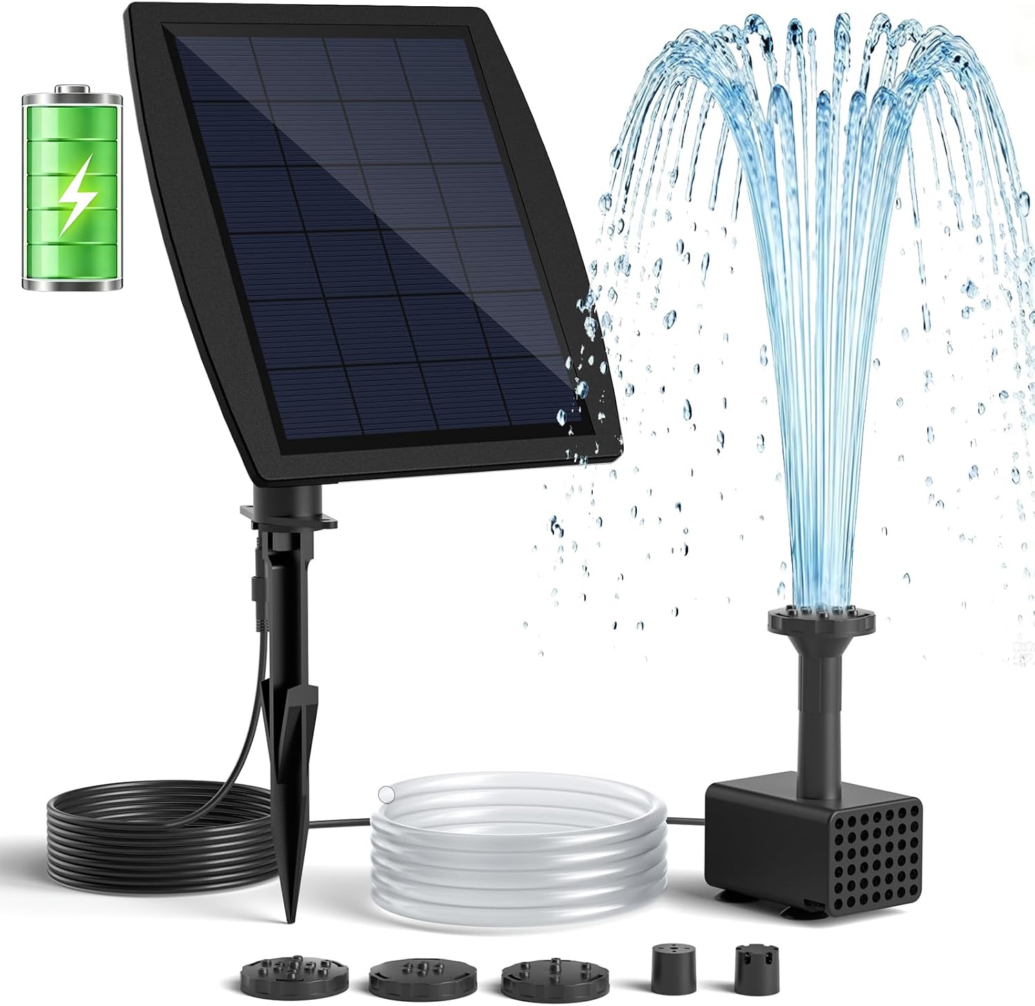 PONDIA Solar Bird Bath Fountain Pump with Battery Backup, 4W Solar Powered Water Pump Built-in 2000mAh Battery with 5 Spray Modes & 4Ft PVC Tubing, Solar Pond Fountain for Bird Bath Pond Water Feature
