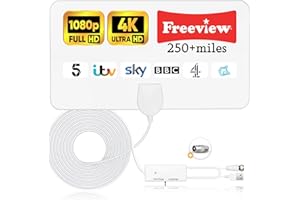 AMAZQI TV Aerial Indoor, Smart Digital TV Aerial with Strong Signal & 250+ Miles Long Range for Freeview Channels - Support All Older TV's with 16.4 ft Coax Cable (White)