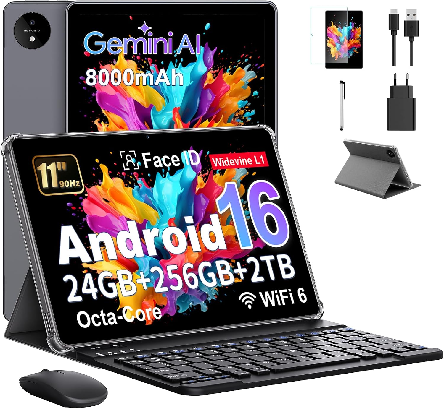 Tablet 11 Pulgadas en Gemini AI, Tableta Android 16 en Funda, Teclado & Ratón, Octa-Core, 24 GB RAM + 256 GB ROM + 2 TB TF, 1920x1200 Pantalla HD, 90 Hz, Cámara Doble 8MP + 13MP, 8000 mAh (Gris)