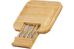 Mahlzeit bambusowa deska do sera z nożem do sera | 36 x 34 x 5 cm | Drewniana taca na ser z 4 sztućcami do sera ze stali nierdzewnej | Drewniany zestaw serwisowy, taca na tapicerkę