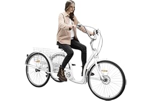 CHERIKIU 26 Zoll 6-Gang Erwachsene Dreirad mit Einkaufskorb, 3 Räder Fahrrad Erwachsene Outdoor-Aktivitäten Tricycle Dreirädriges Fahrrad Senioren Städtisches, 120kg Tragfähigkeit für Städte Radwege (Weiß)