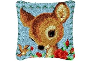 ROCKY&CHAO Knüpfteppich Zum Selber Knüpf-Sets mit Kissen knüpfen-Set 43x43cm Kissenbezug-Set für Erwachsene und Kinder Latch Hook Kit Heimaccessoire（Sika Rotwild）