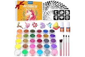 ‎BLEDRAS Glitzer Tattoo Set, 30 Farben Glitter Tattoo Set, Glitzertattoos Make Up Kit für Kinder, Erwachsene, Schablonen, Pinsel, Kleber, Körper Flash Tattoos für Fasching Kindertag Geburtstag Party Halloween