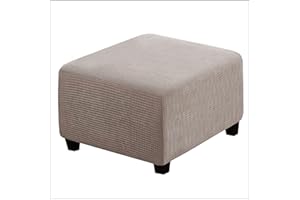 Qiden Square Footstool Ottoman Plush, 10% Thicker Large Stretch Pouffe Cover Anti-Slip Foot Stool Jacquard Slipcovers With Elastic Bottom, Machine Washable - Taupe - Large