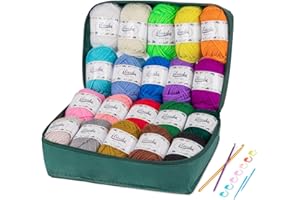 Hilo para Tejer a Crochet, ilauke 20 * 30g Ovillo de Lana con 2 Ganchos de Ganchillo, 2 Agujas, 8 Marcadores y Bolsos Verdes, Lana Acrílico Multicolor