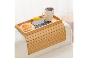 Exquilnova Taca na sofę, oparcie sofy, składana, bambusowa, antypoślizgowa, podłokietniki, kanapa, stolik na przekąski, telefon komórkowy