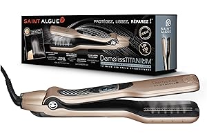 Demeliss - Saint Algue - TITANIUM, Lisseur Vapeur Plaques - Maxi-Réservoir Intégré 40ml - Peigne Latéral Amovible - Lissage Extrême et Protection des Cheveux - Doré/Champagne