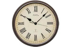 AMS F5977 radiowy zegar ścienny, drewniany zegar radiowy w stylu vintage retro zegar ścienny cyfry rzymskie, 46 x 46 cm