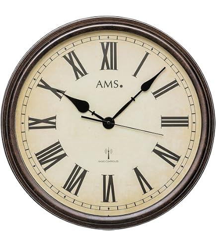 AMS 5962 Orologio Da Parete Radio Controllato - Stile Vintage Con Cassa In Metallo Effetto Legno Antico, Colore Nero