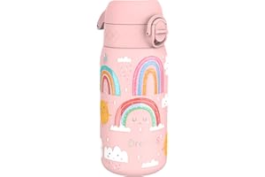 ion8 Botella Agua Inox Ligero para Niños, 400ml, Sin Aislamiento, a Prueba de Fugas, Fácil de Abrir, Cerradura Segura, Apta para Lavavajillas, Tapa Abatible, Fácil de Limpiar, Arcoíris