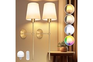 Ketom 2 Piezas Aplique de Pared Interior Batteria Regulable, Apliques de Pared Vintage Oro, Recargable RGB Lámpara de pared Inalámbricacon con Mando a Distancia, con Pantalla de Tela Blanca