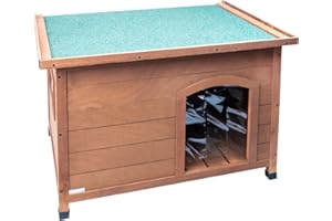 Aqpet Friends - Caseta de Madera de Exterior para Perros con Techo abatible y Cortinas térmicas Incluidas, tamaño pequeño, 85 x 60 x 58 cm