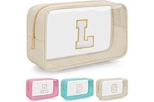 OUUTMEE Personalisierte Kosmetiktasche mit Anfangsbuchstaben, transparent, Reise-Kosmetiktasche, wasserdichte Kulturtasche mit Reißverschluss für Teenager, Mädchen und Frauen(Beige, L)