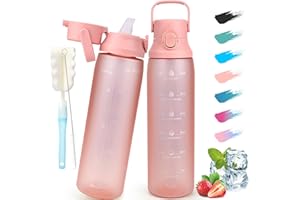 GXCROR Butelka na wodę o pojemności 1 l ze słomką, szczelna, sportowa butelka na wodę z motywacyjnym znacznikiem czasu, duża butelka na napoje, idealna na siłownię, do szkoły, biura i na zewnątrz