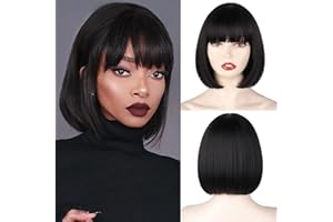 Creamily Black Short Bob Wig,Straight Black Bob Wig with bangs, 12 inch Straight Bob Bangs for Women Natural Looking for Party Halloween Costume Cosplay Party Daily Use