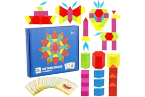 RMEET Holzpuzzles Geometrische Puzzle,155 Teilig Holzpuzzle Holzmusterblöcke Farbige Tangram Montessori Bausteine mit 24 Stück Designkarten Aufbewahrungstasche Geschenk für Kinder Mädchen Jungen ab 3 Jahr