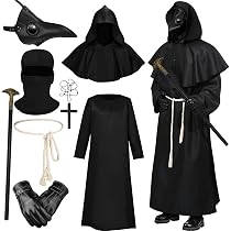 Celvibe Costume Medico Della Peste – Mantello Nero Con Maschera In Pelle, Cappuccio, Guanti E Cintura, Per Halloween E Cosplay