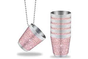 TYBYBB Bicchieri da liquore da appendere, 6 pezzi, in acciaio inox con catena da 3 cl, bicchierini da liquore in acciaio inox con catena rosa, per addio al nubilato, feste di matrimonio, addio al
