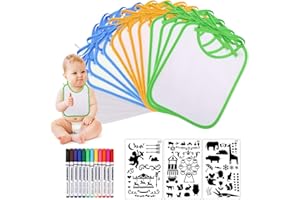 Royouzi Lätzchen zum Bemalen für Babyparty, 12 Stück Baby Lätzchen Weiß Baumwolle Doppelseitig mit 12PCS Farbigem Textilstift & 3PCS Malen Schablonen für Babyshower Party, Gender Reveal Party