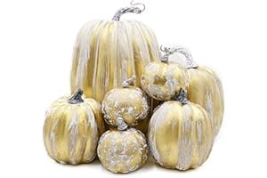 OTMVicor 7 zucche artificiali, zucche in schiuma bianca con spazzola dorata, per la stagione autunnale, Halloween, decorazioni per feste del Ringraziamento (pennello dorato bianco)