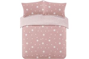 Dreamscene Star Printed Patterned Thermal Teddy Fleece Duvet Cover Quilt with Pillowcase Soft Warm Fluffy Bedding Set, Blush Pink/White - Single
