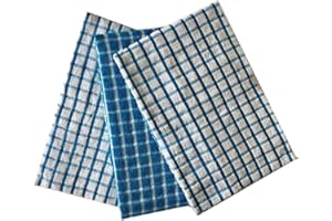 DE LAVISH Check Stripe Tea Towels 100% Cotton Pack of 3 Kitchen Dish Cloths Set Terry Large Cleaning Towels, Teal