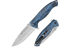 YOUSUNLONG Coltello pieghevole - Lama in acciaio damasco martellato - Coperchio in G10 con texture damasco blu