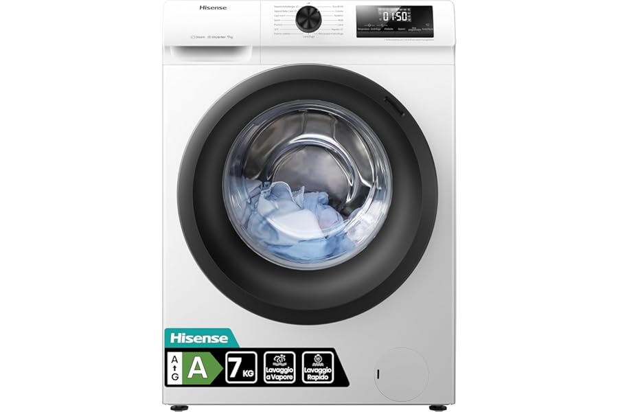 Hisense WFQE7012EVM Slim Front Load Washing Machine, 7 kg, Class A, 1200 RPM, Steam, Inverter Motor