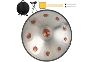 HAND-PAN Instrumento handpan 440 Hz Re menor 22 pulgadas hand pan steel drum hand drum 9 notas 10 notas 12 notas Tambor de lengüeta de acero premium para meditación y relajación (amarillo dorado, 10Y)