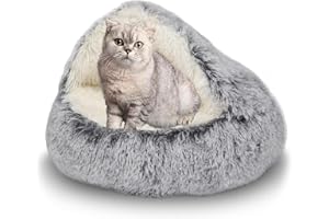 Kongming Legowisko dla zwierząt domowych, okrągły, miękki plusz, jaskinia, kaptur, legowisko dla psów i kotów, przytulanka ze sztucznego futra, okrągłe, wygodne, szare (50 x 50 cm)