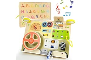 Ulikey Volant Analogique Montessori, Tableau Busy Board en Bois pour Bébés, Planche Occupée avec Volant Simulé et Interrupteurs Lumineux à LED, Enfants Activity Board Jouets avec Lettres