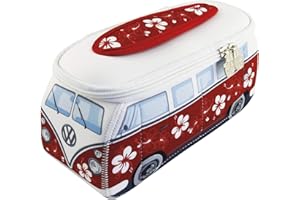 BRISA VW Collection - Volkswagen Trousse Universelle en Néoprène pour Maquillage, Cosmétiques, Toilette, Pochette T1 Combi Bus (Hibiscus/Rouge/Grand)