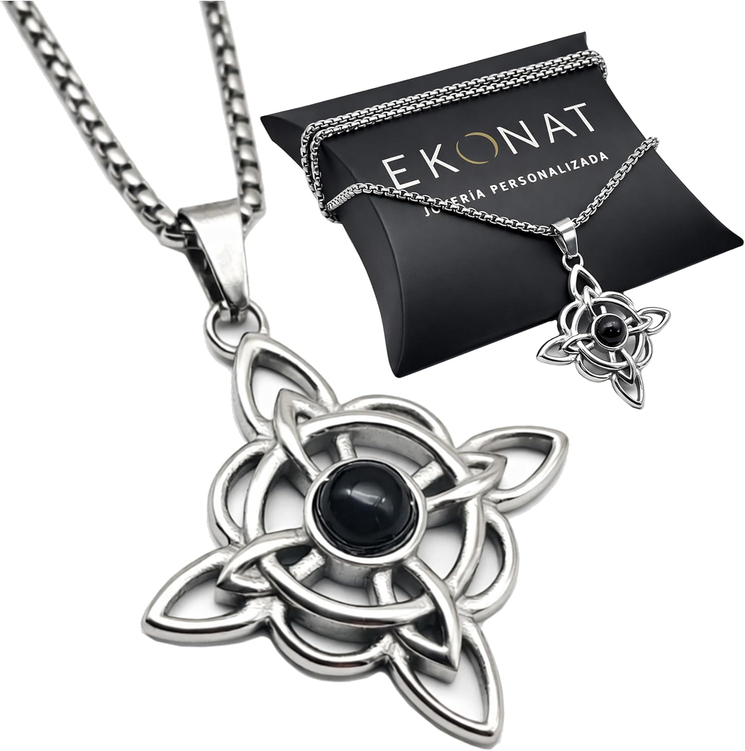 Ekonat-Nudo de bruja con ágata negra- amuletos de la suerte y proteccion- colgantes nudo de bruja - amuleto protector- tamaño 30 mm cadena acero 55 cm