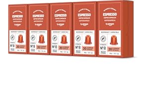 by Amazon Capsules de café Espresso compatibles avec Nespresso, capsule en aluminium, torréfaction légère, 100 Pièces, 5 lot de 20 - Certifié Rainforest Alliance