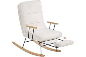 SONGMICS HOME Fauteuil à Bascule, Pieds en Bois d'Hévéa, Tissu Peluche, Chaise à Bascule, Dossier Réglable sur 4 Positions, Supporte jusqu'à 160 kg, pour Chambre, Salon, Blanc Crème LYY016W01