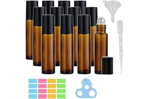 ATB-Foger 12 botellas de cristal enrollables de 10 ml para aceites esenciales, color marrón, botellas enrollables para aceites esenciales, lociones, perfumes, masajes