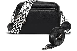 Paquesta Leder UmhäNgetasche Damen Schwarz Crossbody Bag Damen Breiter Gurt Klein UmhäNgetasche Damen mit 2 Breitem Schultergurt Crossbag Shoulder Bag Women Damen-Schultertaschen Crossover Bag