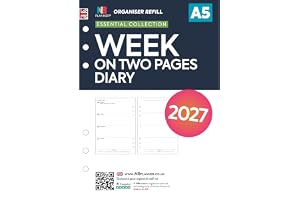 2027 Vecka på två sidor dagbok påfyllning kompatibel med Filofax A5-storlek