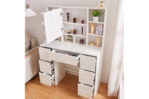 LIANWANG Toaletka z taboretem, toaletka z lustrem i oświetleniem LED do makijażu, 3 temperatury barwowe i regulowana jasność, 7 szuflad, 40 x 100 x 140 cm, LW31520114