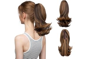 CJL HAIR Short Claw Clip Ponytail Hair Extension Drawstring Synthetic Fake Hairpiece for Women 12" Straight Ponytail with End Curls Dark Brown/Golden Blonde