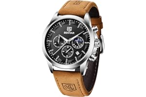 BY BENYAR BENYAR Montre Homme Montres Etanche Chronographe Lumineuses Classique Montres Bracelet en Cuir Grand Cadran Date Analogique et Anti-Rayures Cadeau élégant (Noir Noir)