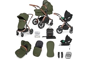 Ickle Bubba Stomp Luxe 12pc Travel System with i-Size Cirrus Car Seat & ISOFIX Base – All-Terrain Pram, Reversible Seat, Carrycot, UPF 50+ Hood, Rain Cover & Accessories (Bronze/Woodland/Tan)