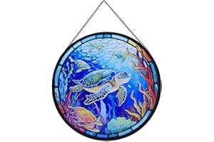 Payutou Hanging Stained Glass for Windows,20cm/7.87 inch Turtle Hand-Painted Glass Panel Window Hanging Suncatchers Christmas Ornaments Home Courtyard Decor,Housewarming Gift (Style B)