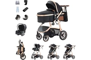 Zkiprm Cochecito 3 en 1, Sistema de Viaje con Asiento de Coche, Cochecito y Capazo, Carrito Ajustable en Altura, Silla de Paseo con mosquitero, Chasis de Aluminio, para niños de 0 a 4 Negro