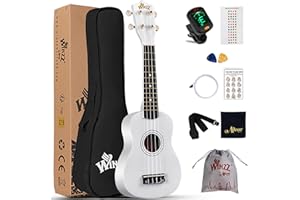 Winzz Ukelele Soprano Starter Kit para Principiante. Incluye: Funda, Afinador, Cuerdas Extra, Correa Ajustable, Púas, Pegatinas de notas, Guía de Acordes y Paño de pulido. Color: Blanco